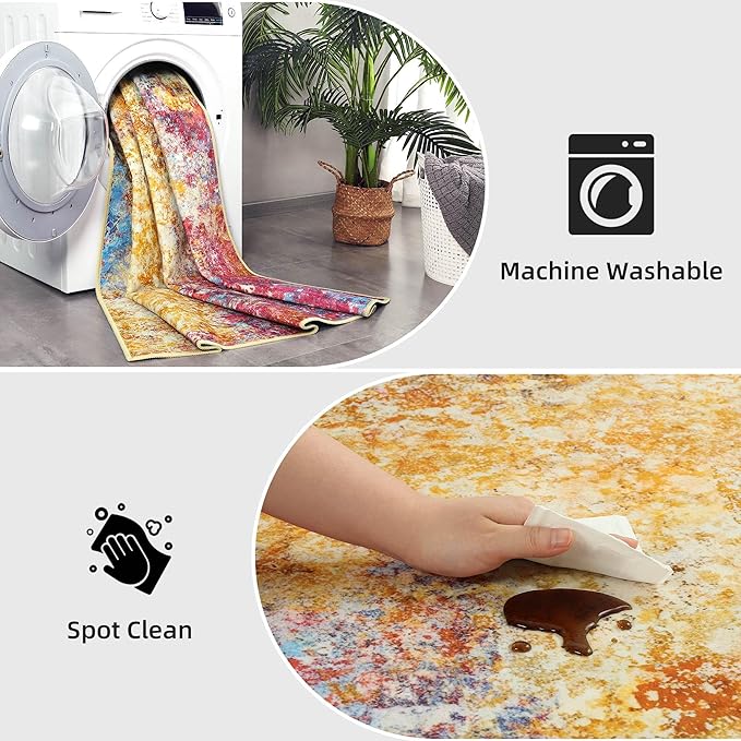 Kelarea Living Room Rug, 4x6 Modern Abstract Washable Rugs, Colorful Soft Non Slip Low Pile Carpet, Stain Resistant Rugs for Bedroom, Dining Room, Nursery, Home Office-CubbioJoy