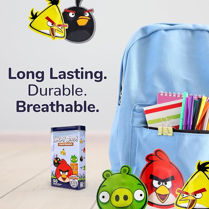 BioSwiss Bandages, Angry Birds Game Shaped Self Adhesive Bandage, Latex Free Sterile Wound Care, Standard Shape for Kids and Adults, 50 Count-CubbioJoy