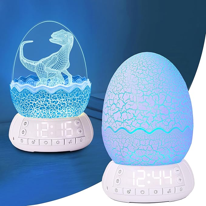 Dinosaur Egg Shape Touch Control Night Light with Pattern Inside, Digital Alarm Clock with Wake Up Light, 20 Soothing Sleep Training Sound and Bluetooth Speaker Box (2025 Style)-CubbioJoy