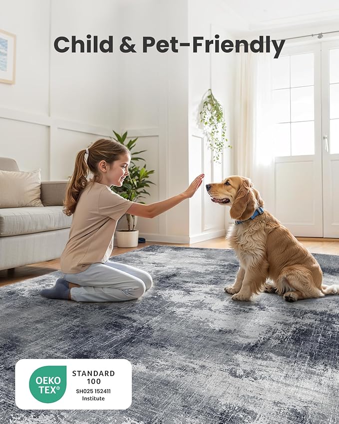 Amada 9x12 Large Area Rug, Modern Abstract Living Room Rug with Non-Slip Backing & Short Pile, Washable Rug with Abstract Pattern for Living Room, Bedroom and Dinning Room, Grey-CubbioJoy