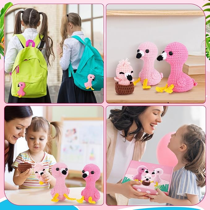 Crochet Kit for Beginners -Flamingo Family Crochet Kits with Step-by-Step Video Tutorials, Beginner Crochet Kit for Adults, Crochet Animal Kit for Kids, 3PCS Flamingo Crocheting Set(Pink)-CubbioJoy