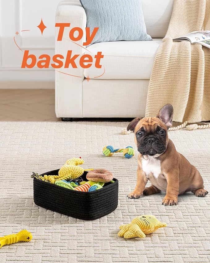 KALLAX Small Woven Basket, 12 x 8 x 4.5 Inches, Storage Basket for Organizing, Cute Small Rope Shelf Closet Cube Storage Bins Baskets for Shelves, Dog Toy Gift Baskets Empty, 3 Packs, Black-CubbioJoy