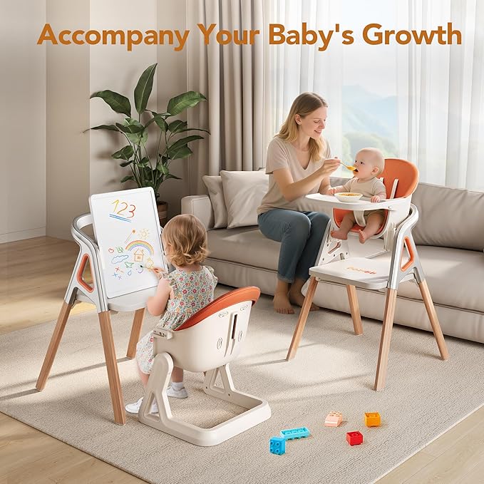 CoziBB Baby High Chair, 6 in 1 Convertible Growing Baby Highchairs for Babies and Toddlers, Baby Chair with Adjustable Dining Tray and Seat, 5-Point Safety Belt,White-CubbioJoy