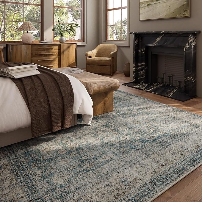 Area Rugs 9x12 Living Room: Washable Rugs for Bedroom Vintage Stain Resistant Non Slip Low Pile Large Boho Carpet for Kitchen Dining Room Farmhouse Kids Room Nursery-CubbioJoy