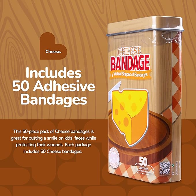 BioSwiss Bandages, Cheese Shaped Self Adhesive Bandage, Latex Free Wound Care, Fun First Aid Kit Supplies for Kids and Adults, 50 Count-CubbioJoy