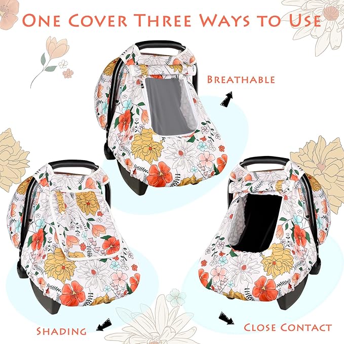 Baby Carseat Cover Girls, Pea Pod Infant Car Seat Covers Canopy for Newborn with 2 Layers Windows of Breathable Mesh/Fabric, Lightweight Polyester/Minky Dot Backing, Snug Fit Most Baby Car Seat-CubbioJoy