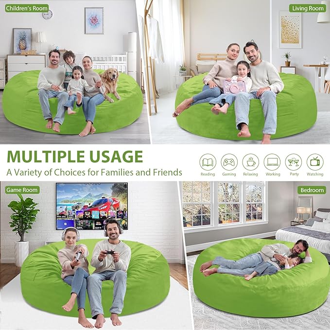 7FT Bean Bag Chair, Large Bean Bag Chairs with Memory Foam Filled, Fluffy Beanbag Sofa with Dutch Velvet Cover, Round BeanBag Chairs for Living Room, Playroom - Lime-CubbioJoy
