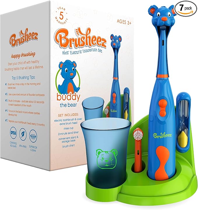 Brusheez Kids’ Electric Toothbrush Set - Safe & Effective for Ages 3+ - Parent Tested & Approved with Gentle Bristles, 2 Brush Heads, Rinse Cup, 2-Minute Timer, & Storage Base (Buddy The Bear)-CubbioJoy