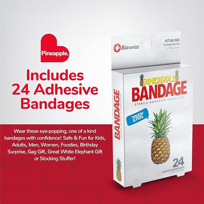 BioSwiss Bandages, Pineapple Shaped Self Adhesive Bandage, Latex Free Sterile Wound Care, Fun First Aid Kit Supplies for Kids, 24 Count-CubbioJoy