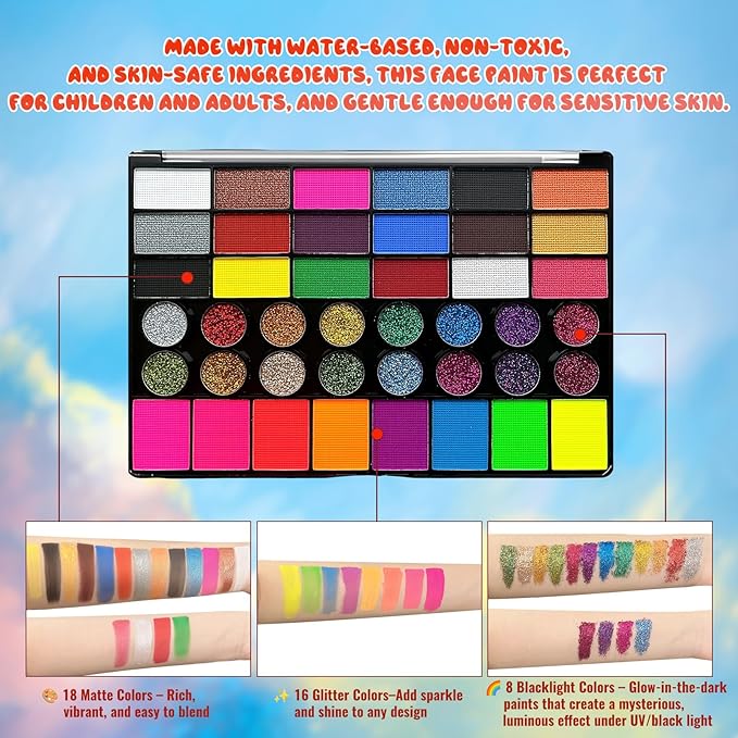 42 Color Face Paint Kit for Kids – Non-toxic Water-Based Makeup Palette with Stencils, Brushes & Gems – Face Painting Kit for Kids Ideal for Halloween, Parties, Festivals, Body Art & More-CubbioJoy
