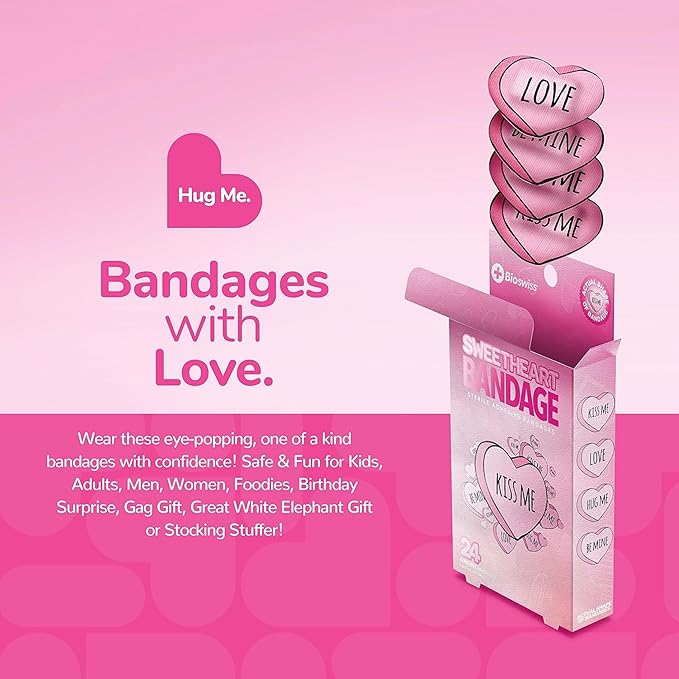 BioSwiss Bandages, Valentine Valentine Heart Shaped Self Adhesive Bandage, Latex Free Sterile Wound Care, Fun First Aid Kit Supplies for Kids, 24 Count-CubbioJoy