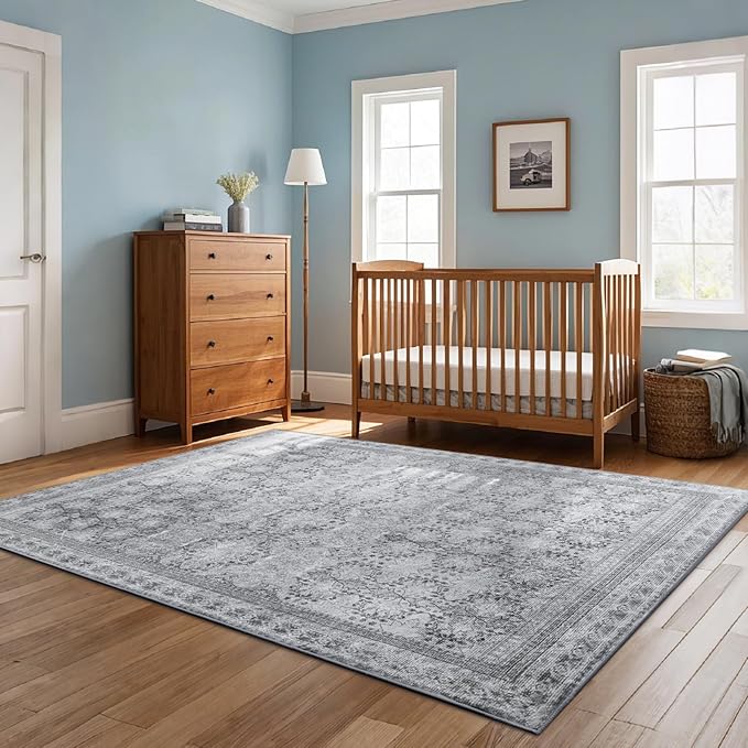 6x9 Washable Area Rug Non Slip, Faded Grey Living Room Rugs Low Pile, Thin Vintage Floral Carpets, Indoor Large Distressed Print Carpet for Bedroom Dining Room Farmhouse Home Office College Dorm-CubbioJoy