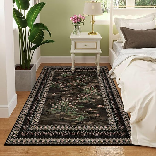 3x5 Washable Rug Impressionist-Style Vintage Non Slip Low Pile Small Carpet for Bedroom Bedside Kitchen Entryway Kids Room Office College Dorm Essentials for Girls, Black-CubbioJoy