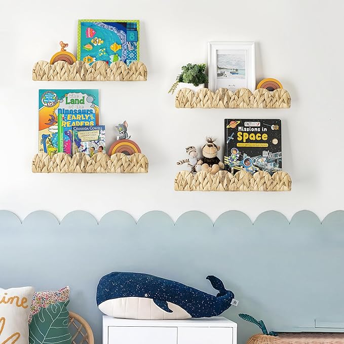 AELS Scalloped Nursery Bookshelf, Set of 4, Picture Ledge Shelf for Wall Decor, Woven Natural Water Hyacinth Floating Shelves for Books, Toys, Photo Frames, Nursery, Boho Modern Farmhouse Book Shelf-CubbioJoy