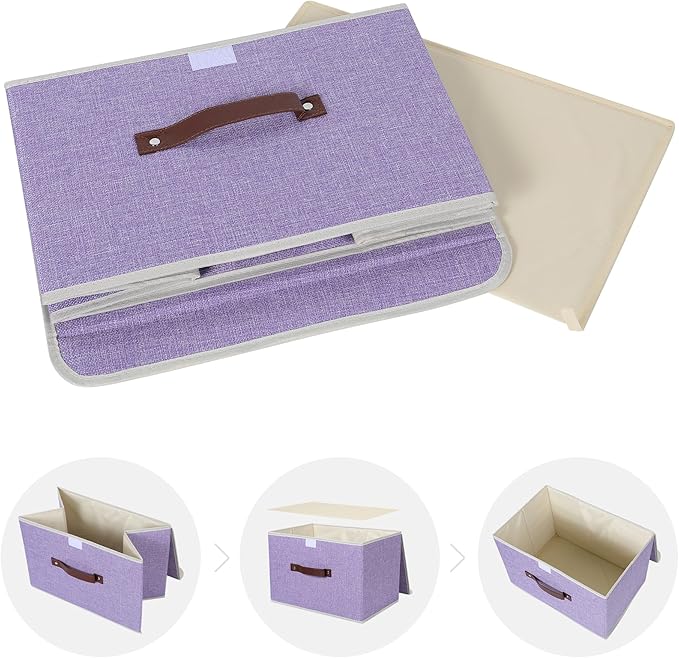 ANMINY 2PCS Storage Bins with Lid PU Leather Handles Storage Boxes PP Plastic Board Decorative Foldable Lidded Cotton Linen Fabric Home Cubes Baskets Closet Organizer Containers - Purple, Large Size-CubbioJoy