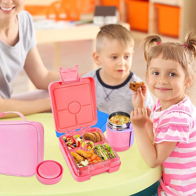 Bento Lunch Box Set With 10oz Soup Thermo, Leak-proof Lunch Containers with 4 Compartment, Kids Hot Thermo Food Jar/Insulation Lunch Bag, Food Containers for School（Solid）-CubbioJoy