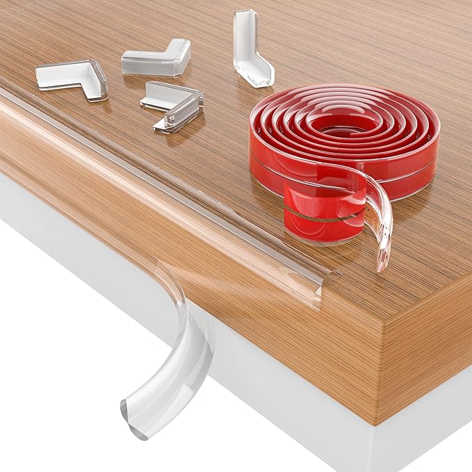 Baby Proofing, 0.6in Edge Protector Strip Clear, Thickened Silicone Soft Corner Protectors with Upgraded Pre-Taped Strong Adhesive, 13.1ft Edge Protectors for Cabinets, Tables, Drawers-CubbioJoy
