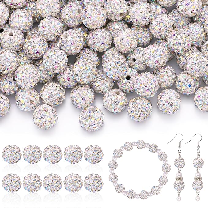 160pcs 10mm Rhinestone Beads for Jewelry Making, Crystal AB Shiny Round Disco Ball Beads Bulk, Sparkle Crystal Clay Christmas for Bracelet Baseball Necklace Earring Crafting and DIY-CubbioJoy
