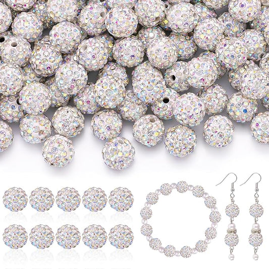 160pcs 10mm Rhinestone Beads for Jewelry Making, Crystal AB Shiny Round Disco Ball Beads Bulk, Sparkle Crystal Clay Christmas for Bracelet Baseball Necklace Earring Crafting and DIY-CubbioJoy