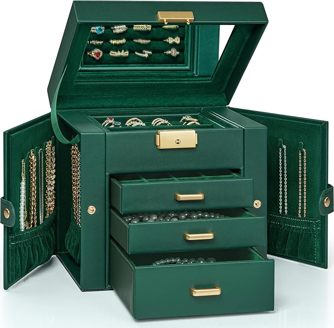 AKOZLIN 4-Tier Jewelry Box Leather Jewelry Storage Organizer with 3 Drawers Lockable for Women Girls Ring Necklace Earring Bracelet Holder with Mirror Forest Green-CubbioJoy