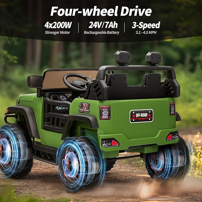 2 Seater Ride on Toy Car for Kids, 24V 4WD Ride-on Truck Kids Electric Car with Remote Control, 4x200W Motors - Army Green-CubbioJoy