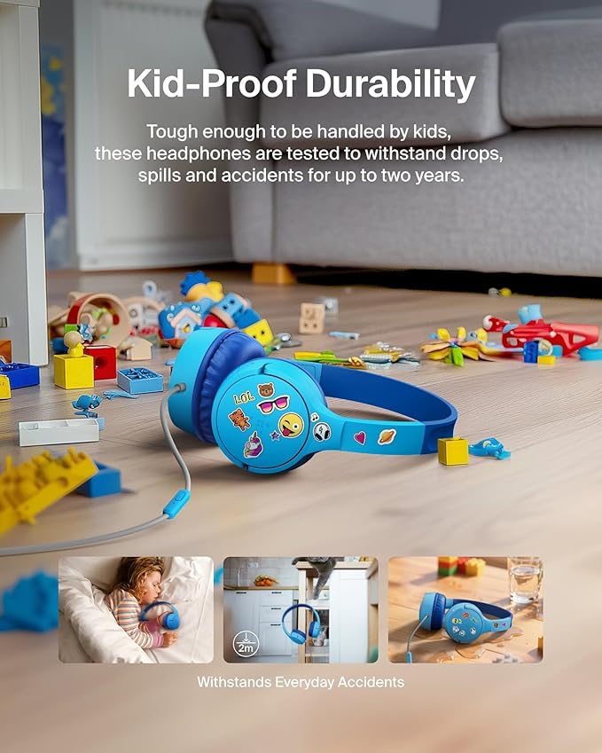 Belkin SoundForm Mini Kids Wired Headphones w/USB C to 3.5mm Dongle, Built-in Mic & Fun Stickers, 85dB Max Volume – for Online Learning, Travel, Compatible w/iPhone 16, iPad, Galaxy S25, etc - Blue-CubbioJoy