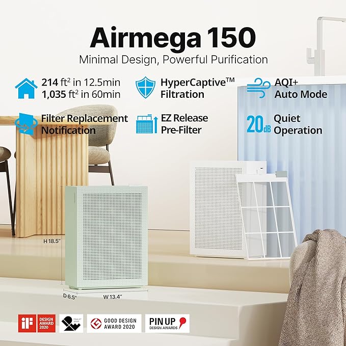 COWAY Air Purifiers for Home Bedroom up to 1,035ft² with Washable Filter, True HEPA Filter for Smoke, Pollen, Dander, Smell Air Purifier with Air Quality Monitor, Auto Mode, 3yr Warranty, 150, Green-CubbioJoy