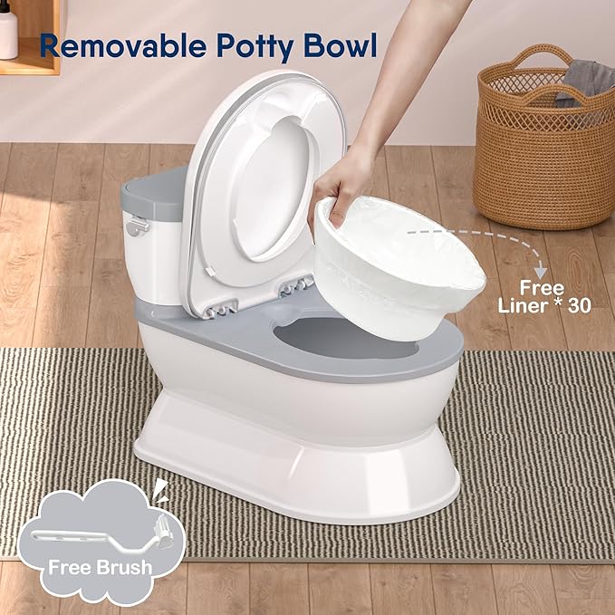 2-in-1 Toddler Potty Training Toilet - Larger Potty Chair & Detachable Training Seat for Boys & Girls Ages 1-3 with Flushing Sound, Wipes Storage, Toilet Paper Holder - Grey-CubbioJoy
