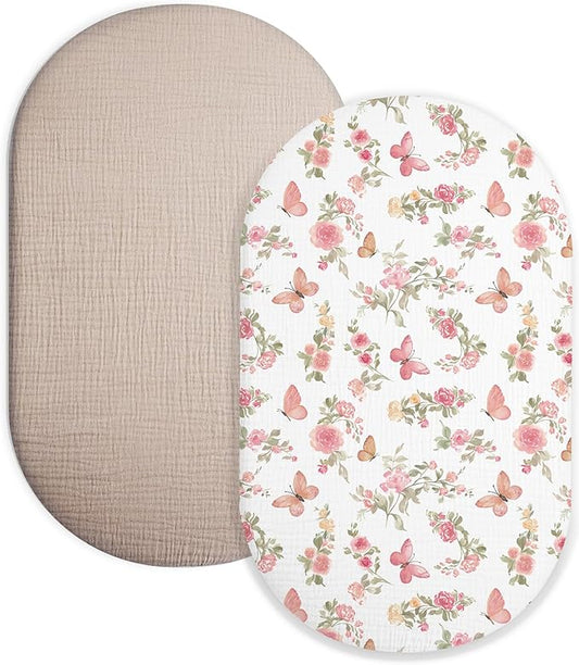 Bassinet Sheet for Baby Boy and Girl 2 Pack, Fitted Sheets for Rectangle, Oval, Hourglass Bassinet Mattress, Muslin Moses Basket Sheets with Neutral Style (Butterfly & Beige)-CubbioJoy
