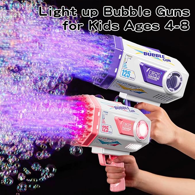 Bubble Gun, Upgraded 125 Holes Bubble Guns for Wedding, Pink Bubble Machine for Kids Age 3 4 5 6 7 8 9 10 11 12 Year Old, Big Bubble Blower Gun with Lights, Halloween Outdoor Party Favors-CubbioJoy