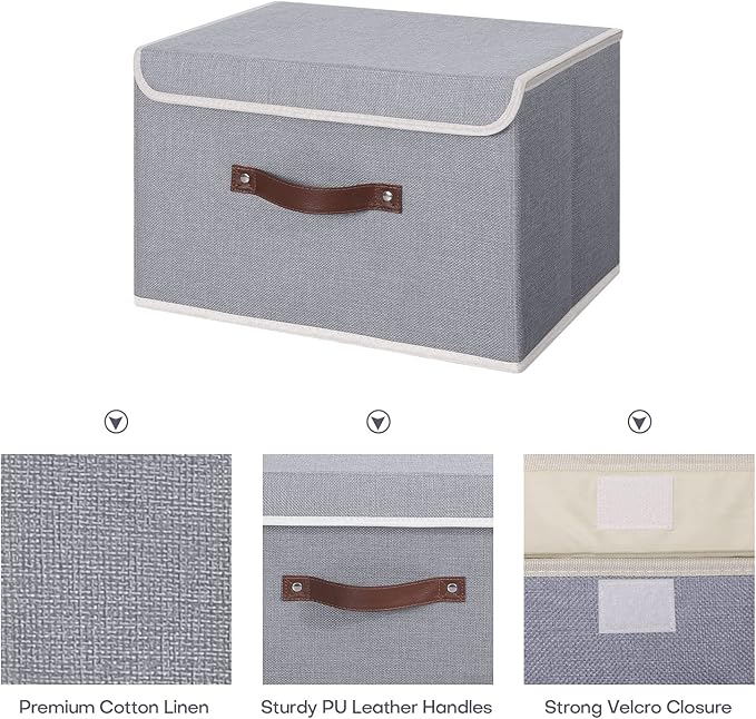 ANMINY Storage Bin with Lid Storage Boxes with PU Leather Handles PP Plastic Board Decorative Foldable Lidded Cotton Linen Fabric Home Cubes Baskets Closet Organizer Container - Gray, Large Size-CubbioJoy