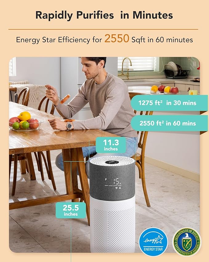 CleanForce Rainbow H13 True HEPA Air Purifier for Home Large Room, Bedroom, up to 2550sqft, Smart App-Control air Quality Monitor, Filters dust Pollen Smoke Odor VOCs-CubbioJoy