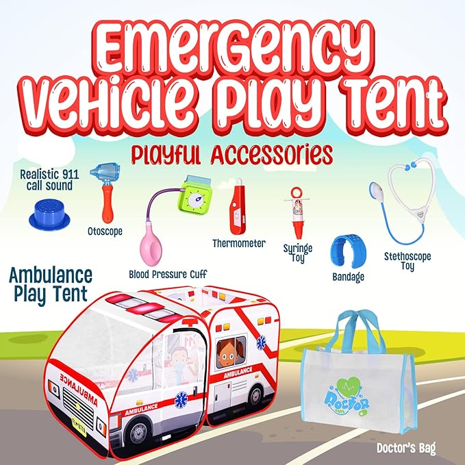 Ambulance Pop-up Play Tent for Kids with Sounds, Doctor Kit & Ball Pit for Toddlers & Up - Easy Setup Pop up Toy for Indoor & Outdoor, Emergency Vehicle Playset, Pretend Play, Great Gift-CubbioJoy