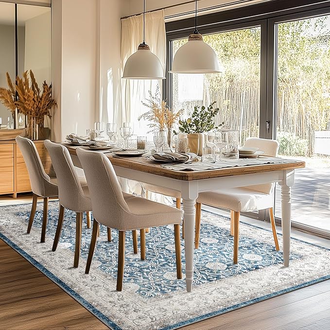 jinchan Floral 8x10 Area Rugs for Living Room Machine Washable Vintage Distressed Boho Design Throw Rug Stain Resistant Carpet Low-Pile Thin Non-Slip for Bedroom Dining Room Nursery (8‘x10',Dark Blue)-CubbioJoy