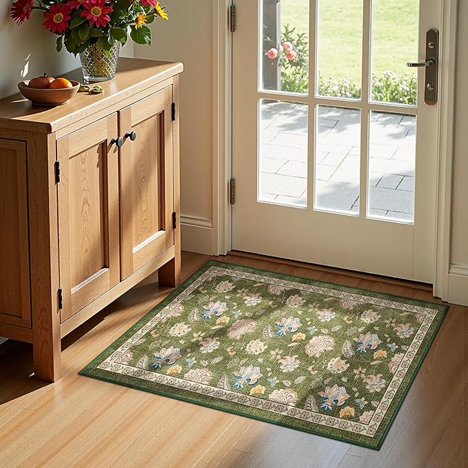 jinchan 2x3 Floral Rug for Entryway Washable Kitchen Rug Vintage Romance Design Small Mat Non Slip Indoor Doormat Lightweight Low-Profile Throw Carpet for Entrance Bathroom Laundry Room, Green-CubbioJoy