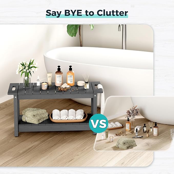 35" Shower Bench, Waterproof Poly Lumber Shower Stool for Shaving Legs, Shower Chair Seat Holds up to 400lbs, Bathroom Bench for Inside Shower, Non-Slip (Grey)-CubbioJoy