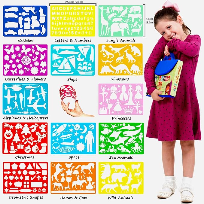 Drawing Stencils Set for Kids (55 Piece) - Arts and Crafts Set for Girls & Boys - Christmas & Birthday Gifts for Kids 4 5 6 7 8 9+ Year Old - Ideal Creativity Kit & Travel Activity with 300+ Shapes-CubbioJoy