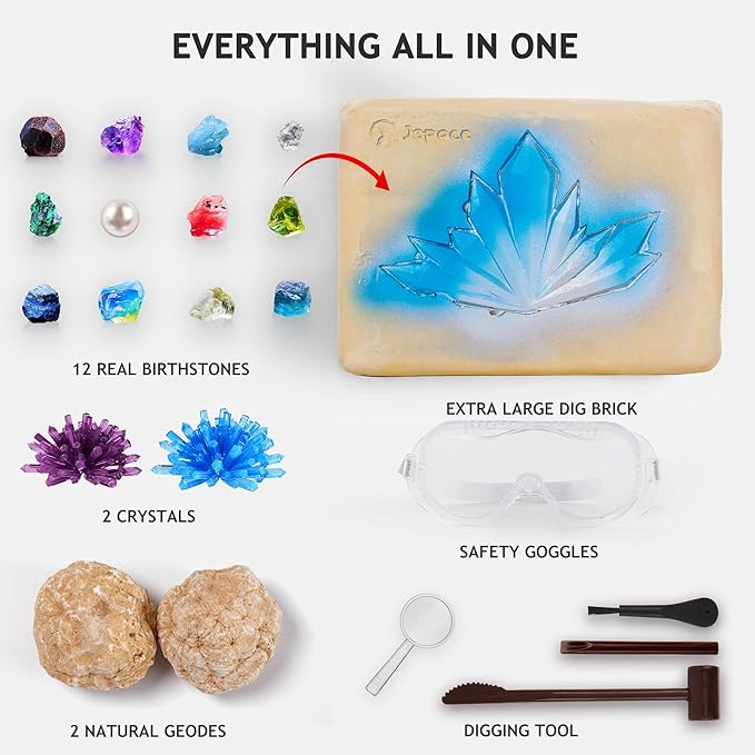 Japace Earth Science Kits for Kids Age 4-6-8-12-14, Birthstone Gemstone Dig Kit, Geology Kit with Break Your Own Geodes, Crystal Growing Experiment, Rock Mining Kit Birthday Gifts Toys for Boys Girls-CubbioJoy