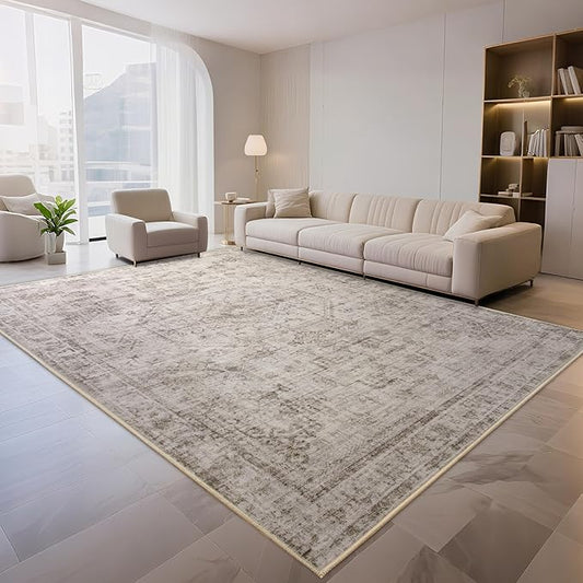 6x9 Washable Area Rug for Living Room, Non-Slip Distressed Rugs for Bedroom Dinning Room, Ultra-Thin Indoor Non-Shedding Vintage Print Carpet for Farmhouse, Home Office, Dorm Light Taupe/Cream-CubbioJoy