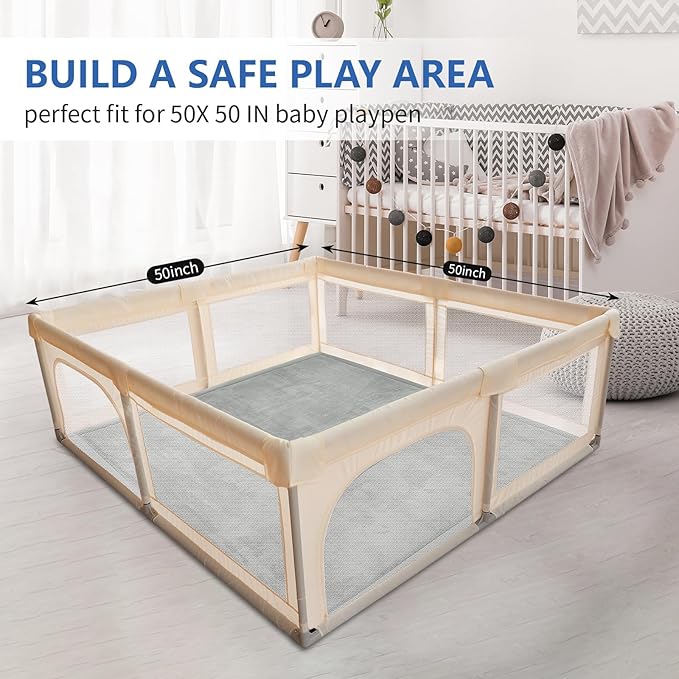 Baby Play Mat for Floor,1.3" Thick Elasti-Foam 50x50 Playpen Mat for Toddlers Infant Kids,Water-Repellent Soft Coral Velvet Tummy Time Mat,Non Slip Crawling Mat,Tatami Mat(Light Grey)-CubbioJoy