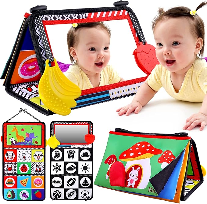 Baby Mirror Tummy Time Toys 0-3 3-6 Months Sensory Crinkle Baby Books Black and White High Contrast Baby Toys for Newborn Infant Montessori Car Seat Toys 0-6 Month Boy Girl Easter Basket Stuffers Gift-CubbioJoy