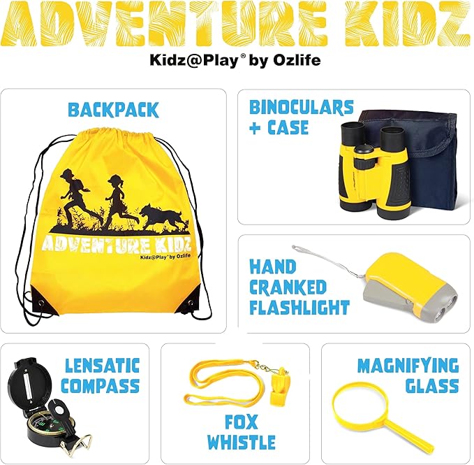 Adventure Kidz Outdoor Exploration Kit, Children’s Binoculars, Flashlight, Compass, Fox Whistle, Magnifying Glass, Backpack. Great Gift Set for STEM, Pretend Play, Ages 3+ Boys Girls-CubbioJoy