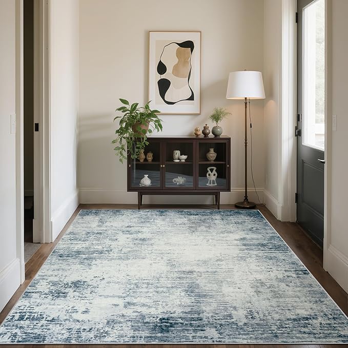 5x7 Area Rugs for Living Room Bedroom, Abstract Washable Rugs with Non-Slip Backing, Stain Resistant Indoor Floor Carpet for Dining Room Table Nursery Hallway Home Office-Blue/Ivory-CubbioJoy
