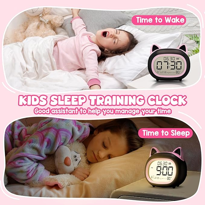 Kids Alarm Clock with Night Light for Kids, Small Digital Alarm Clocks for Bedrooms, Routine Builder, Cute Cat Alarm Clock with Sleep Training, Snooze, 12/24H, Date & Day, Temperature, USB Port-CubbioJoy