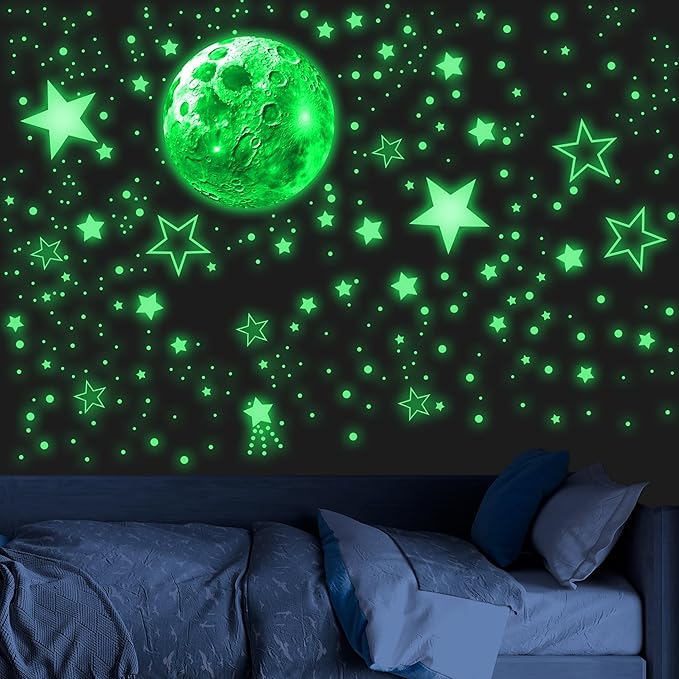 965 PCS Glow in The Dark Stars and Moon for Ceiling, Luminous Stars and Planet Wall Decals, Kids Room Decor, Glowing Galaxy Wall Stickers for Nursery Decorations (Green)-CubbioJoy