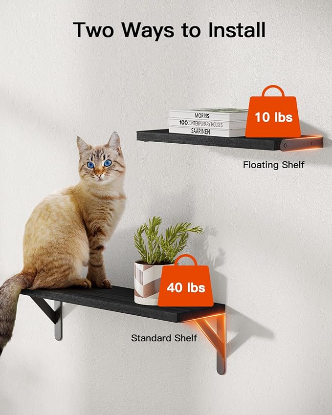 AMADA HOMEFURNISHING Wall Shelves Set of 6, Wood Floating Shelves for Decor, Rustic Farmhouse for Bedroom, Bathroom Storage, Book Shelves for Living Room, Black-CubbioJoy