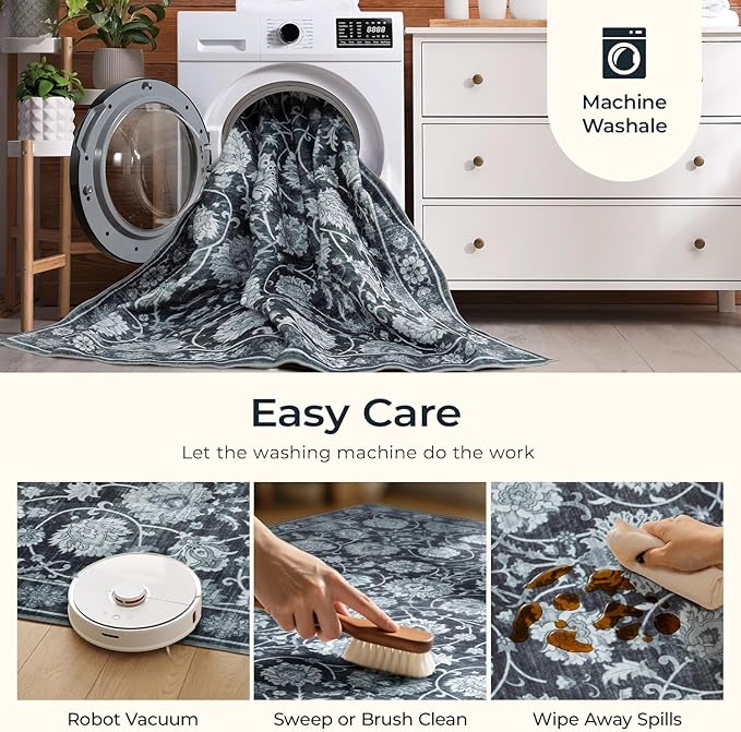 Area Rug 5x7 for Living Room & Bedroom, Large Washable Rugs, Soft & Non Slip, Vintage Carpet, Low Pile Wool Carpets for Indoor Under Table Dining Home Office Nursery Playroom, Black-CubbioJoy