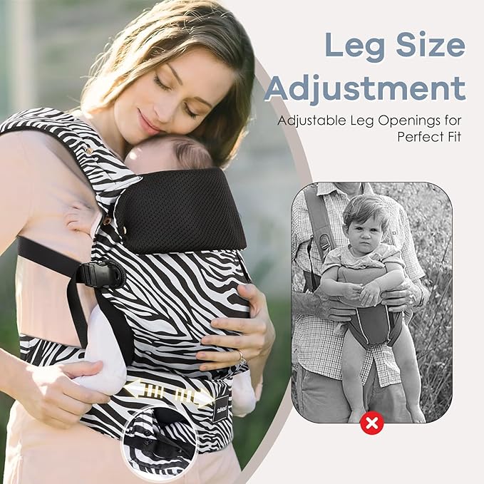 Baby Carrier with Lumbar Support, Cozy Baby Carrier Newborn to Toddler with Adjustable Seat Size, Ergonomic Infant Carrier with 3-Way Carry, Front Facing Toddler Hodler Carrier for Mom & Dad, Zebra-CubbioJoy