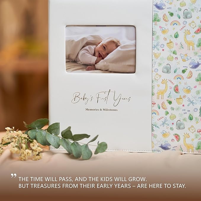 Keepsake Baby Memory Book Girl Boy – Timeless Leather-Bound Baby Milestone Book – Baby Book Keepsake Record First 5 Years – Gender Neutral Baby Scrapbook Album Baby Album Journal Registry Search Gift-CubbioJoy