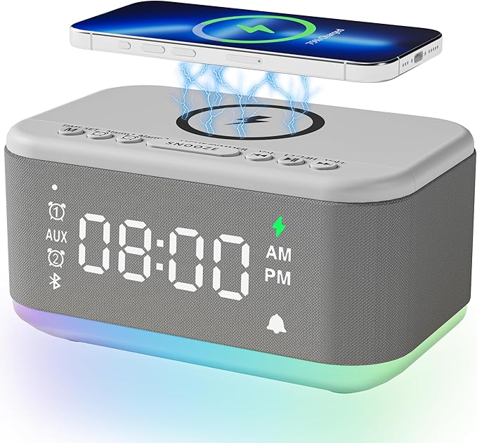 Alarm Clock Speaker Wireless Charger, Digital Alarm Clocks Bedrooms Bluetooth, Alarm Clock Dimmable Light Bedrooms Dual Alarm Snooze Dimmer 12 24H RGB Night Light Bluetooth USB AUX, Gray-CubbioJoy